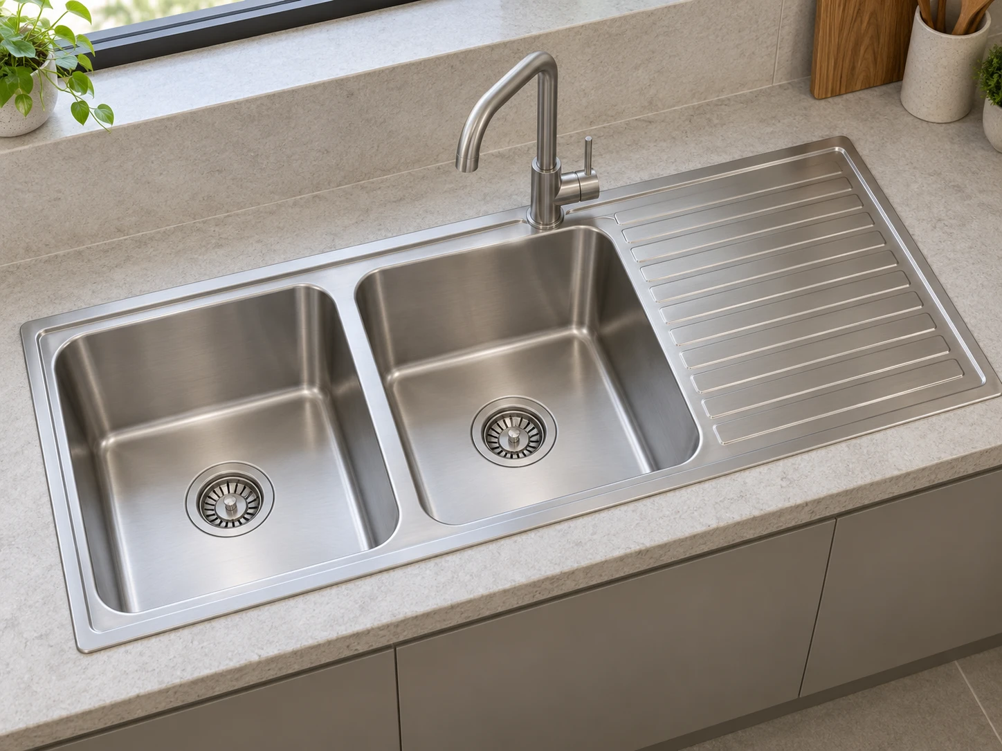 Chậu inox 304 hai hố có bàn chờ