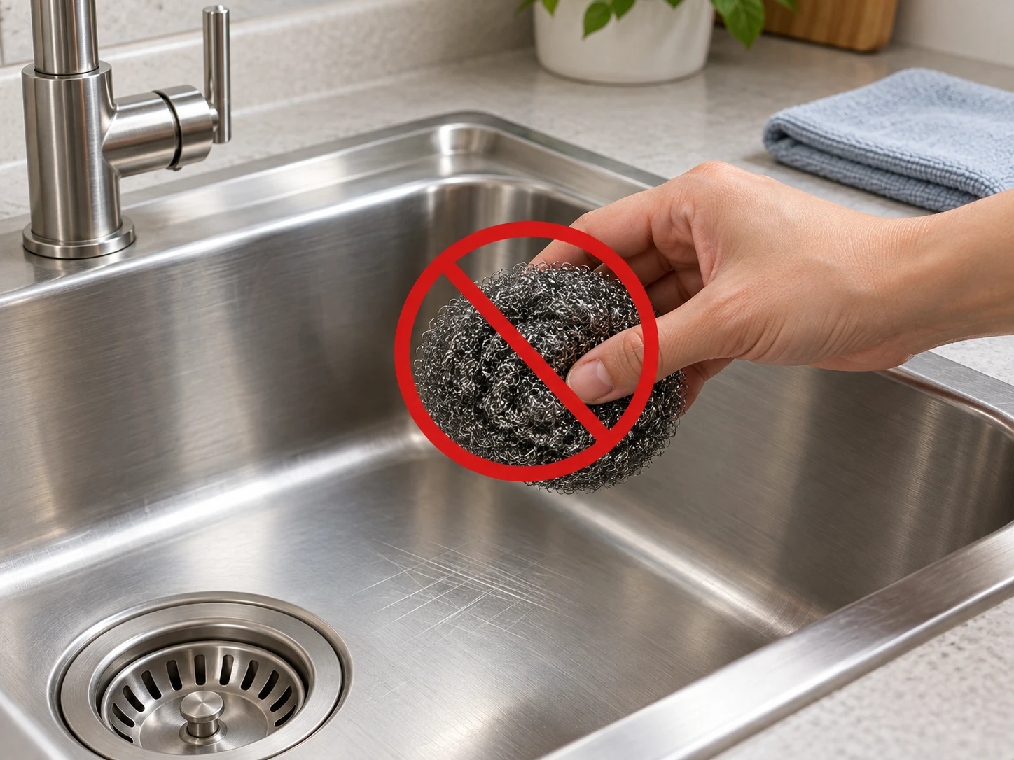 Không dùng bùi nhùi thép để vệ sinh bồn rửa chén inox