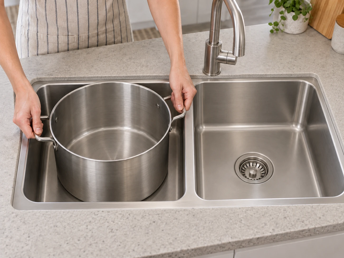 Kiểm tra xoong nồi lớn nhất với chậu rửa inox 304 hai hộc