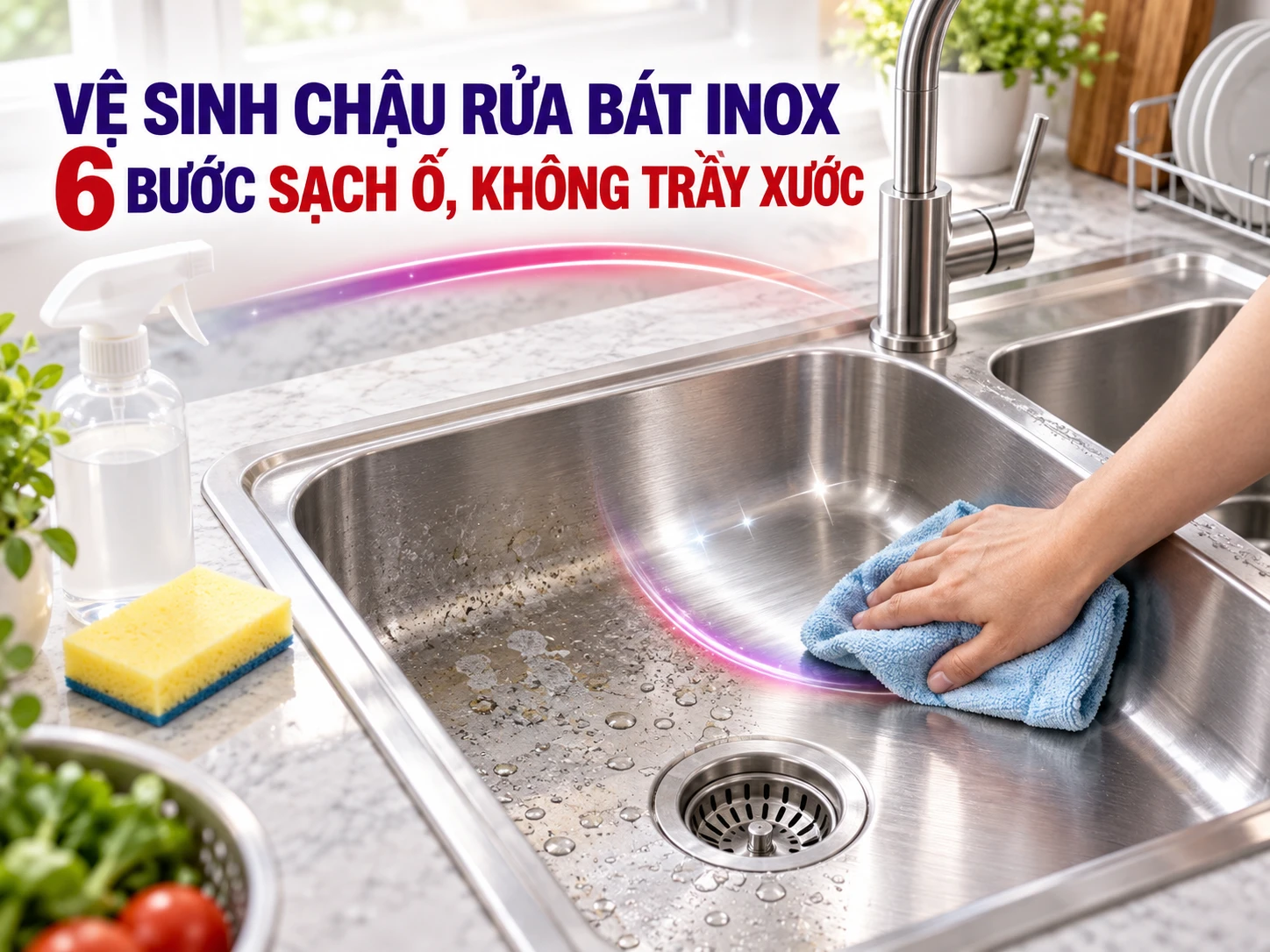6 bước vệ sinh chậu rửa bát inox đúng cách