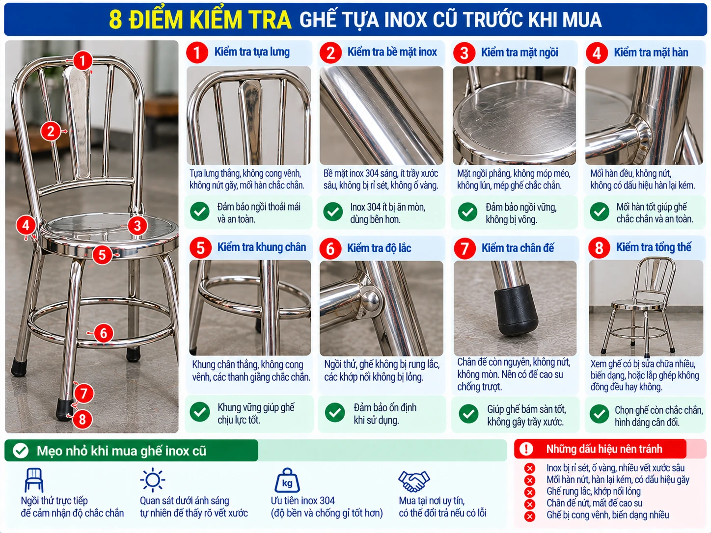 8 điểm kiểm tra ghế tựa inox cũ trước khi mua