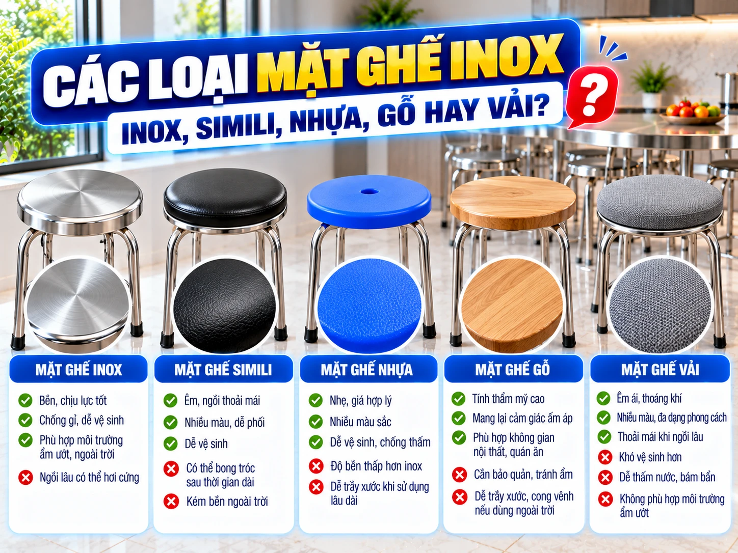 Các loại mặt ghế inox gồm mặt inox simili nhựa gỗ và vải
