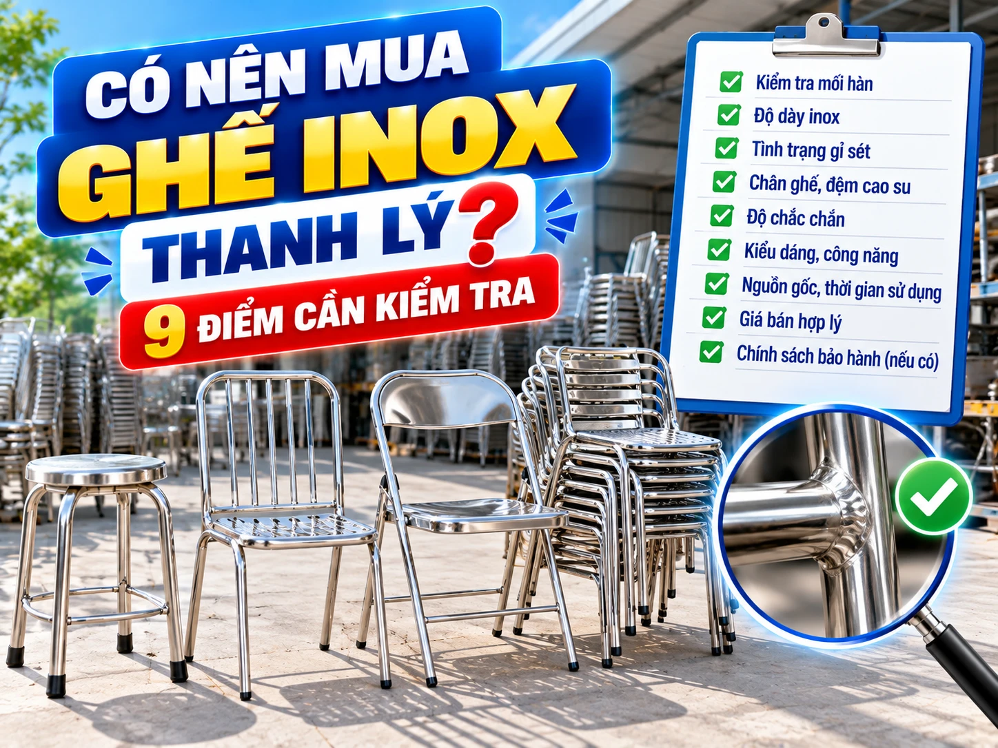 Ghế inox thanh lý cần kiểm tra khung chân mối hàn và tình trạng thực tế