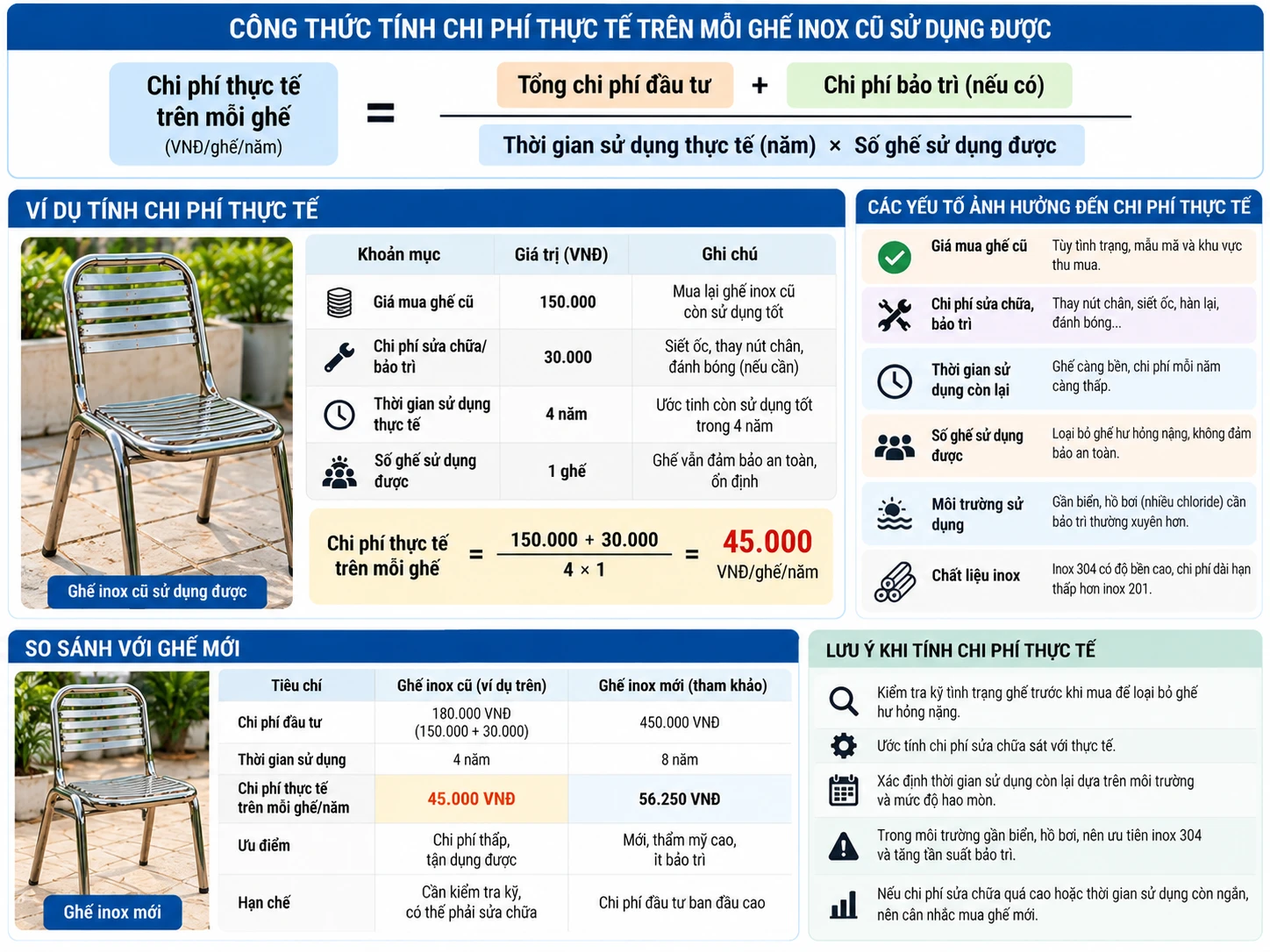 Công thức tính chi phí thực tế trên mỗi ghế inox cũ sử dụng được
