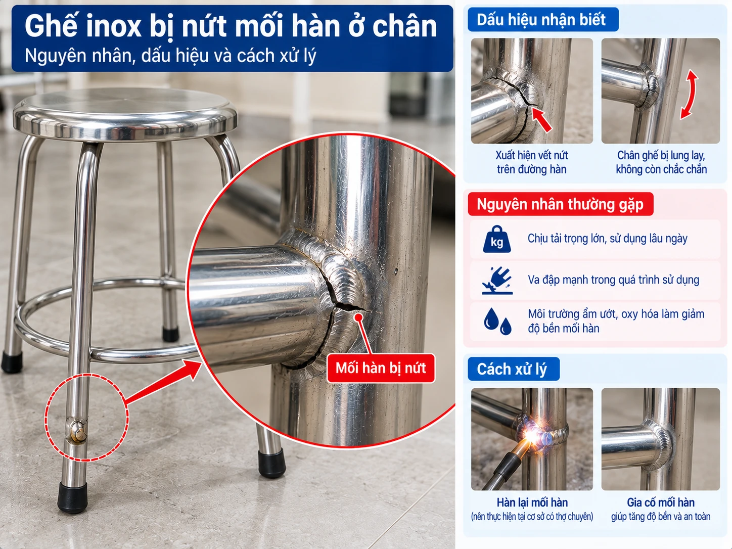 Mối hàn ghế inox bị nứt Ghế inox bị nứt mối hàn ở chân