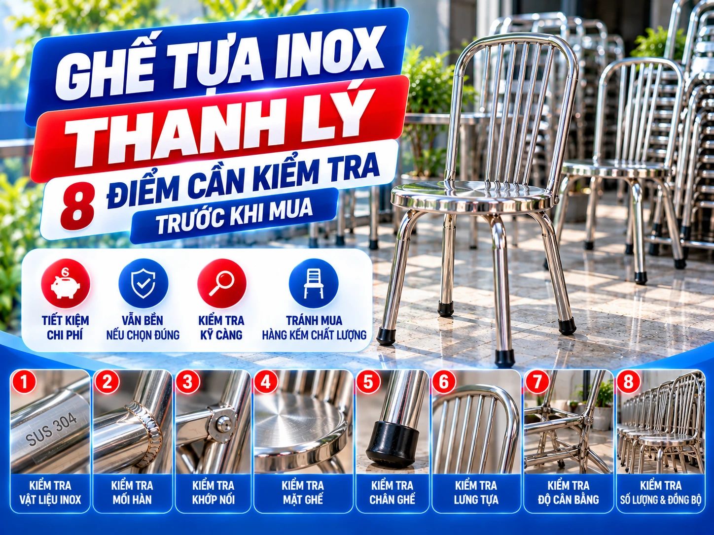 Ghế inox tựa thanh lý cần kiểm tra tựa lưng khung chân và mối hàn