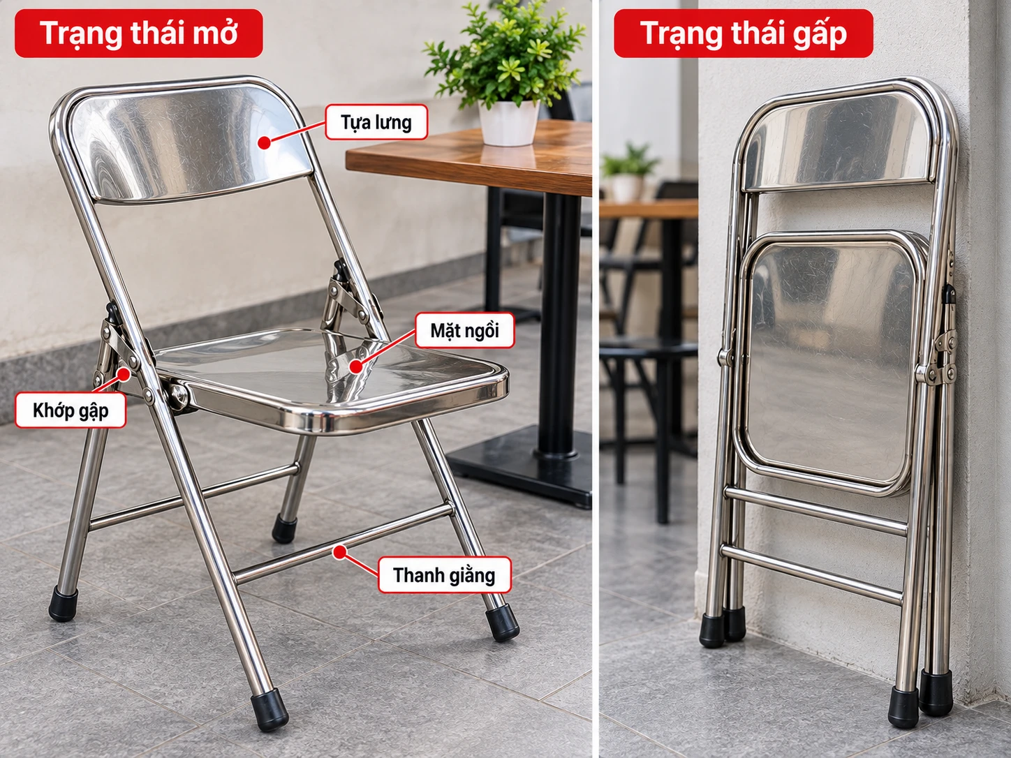 Kiểm tra trạng thái mở gấp của ghế xếp Ghế xếp inox cafe cũ ở trạng thái mở và gấp