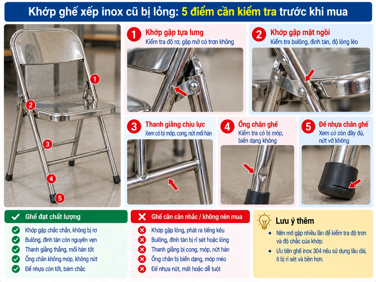 Kiểm tra khớp gấp ghế xếp inox cũ Khớp ghế xếp inox cũ bị lỏng cần kiểm tra trước khi mua
