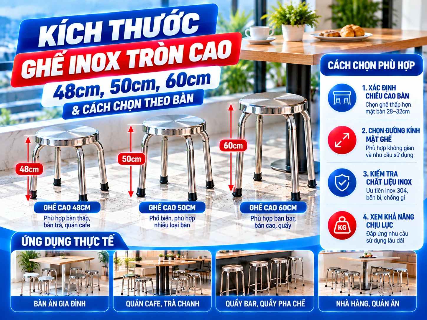 Ghế inox tròn cao cần đo chiều cao mặt ngồi từ sàn trước khi chọn theo bàn