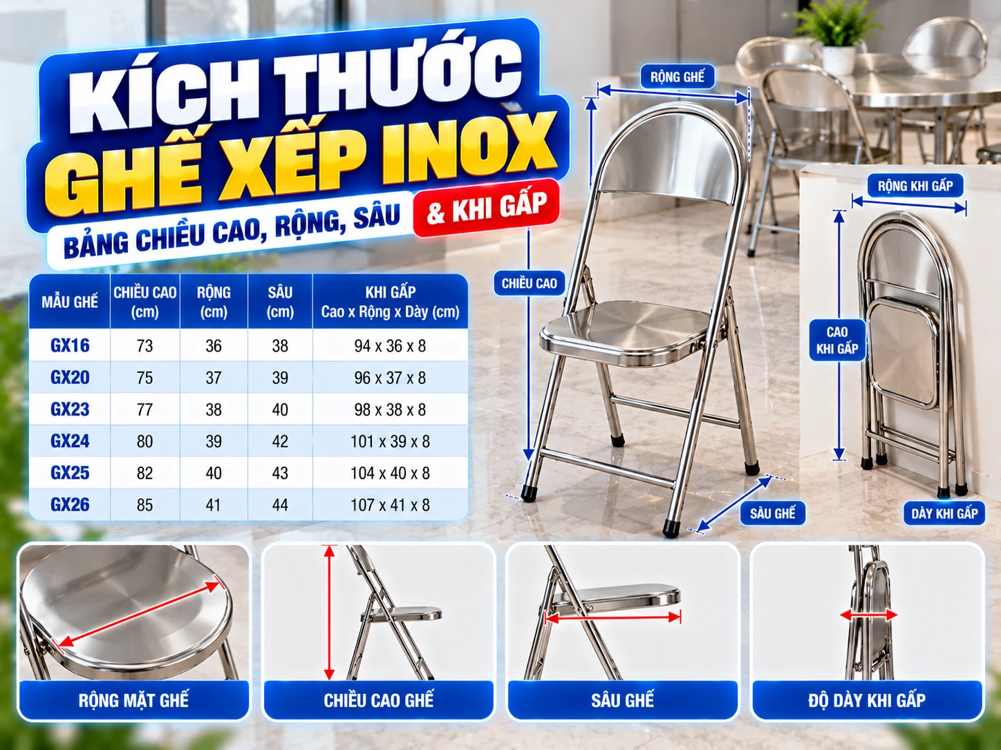 Kích thước ghế xếp inox gồm chiều cao rộng sâu khi mở và khi gấp