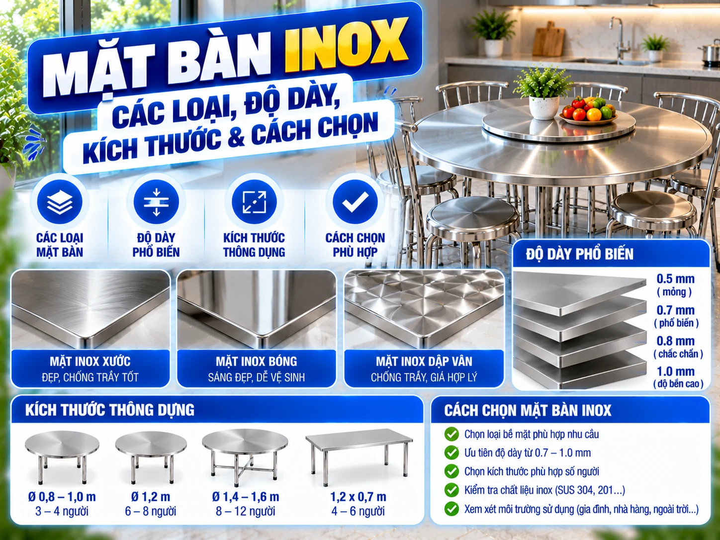 Mặt bàn inox và các yếu tố cần kiểm tra gồm vật liệu độ dày kích thước và mặt dưới