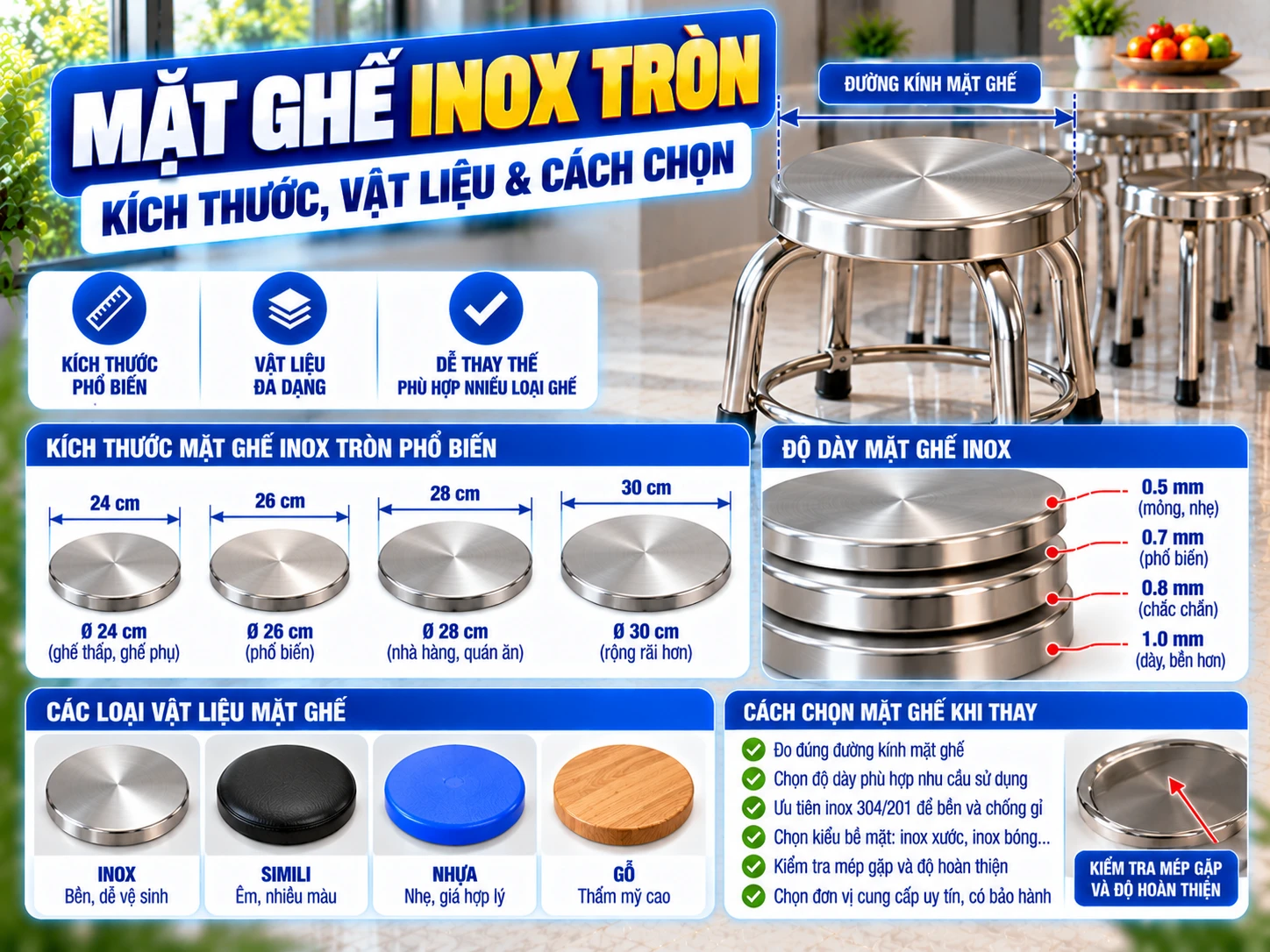 Mặt ghế inox tròn 28cm 30cm 32cm 34cm và cách kiểm tra trước khi thay