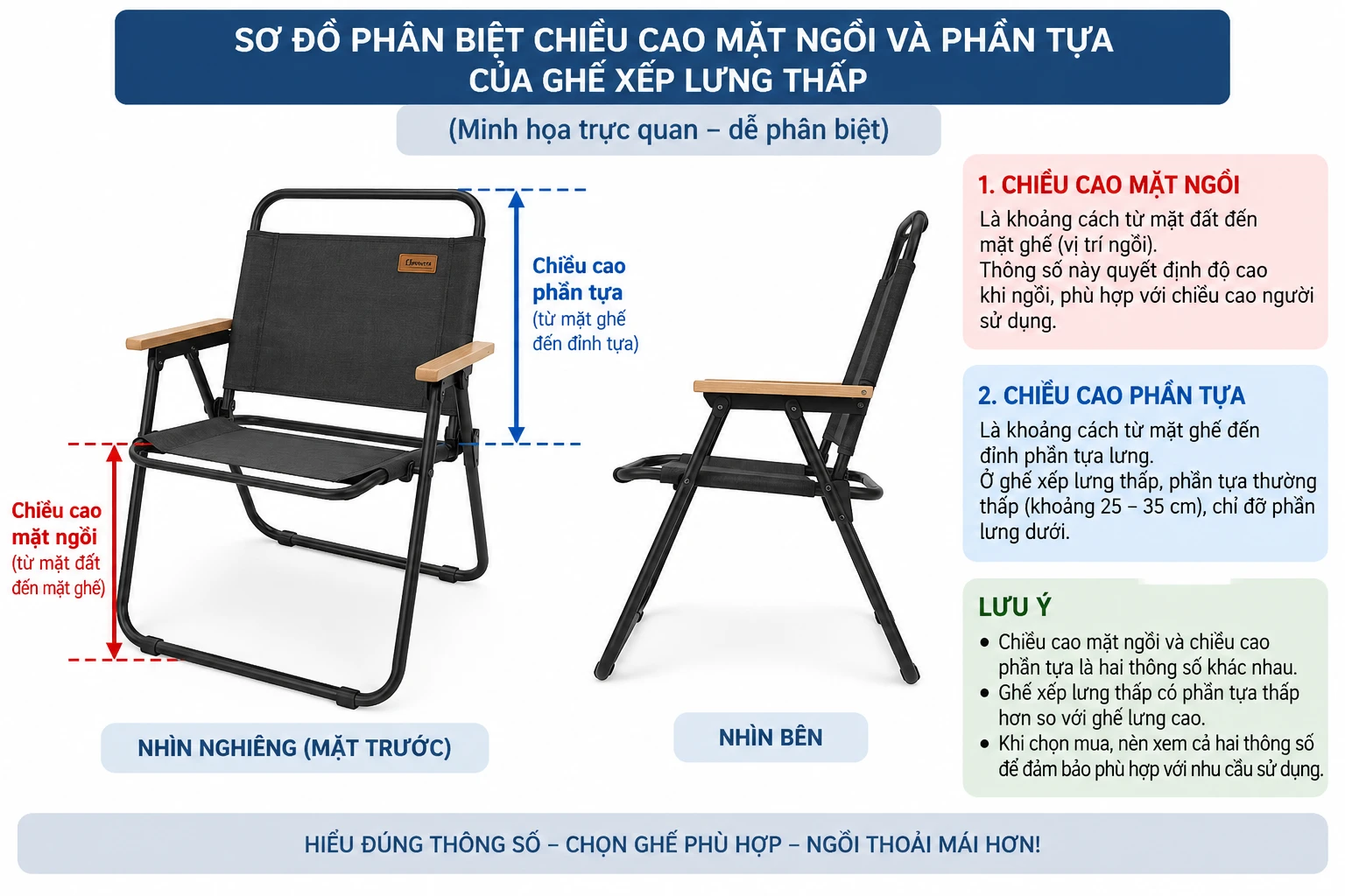 Sơ đồ phân biệt chiều cao mặt ngồi và phần tựa của ghế xếp lưng thấp