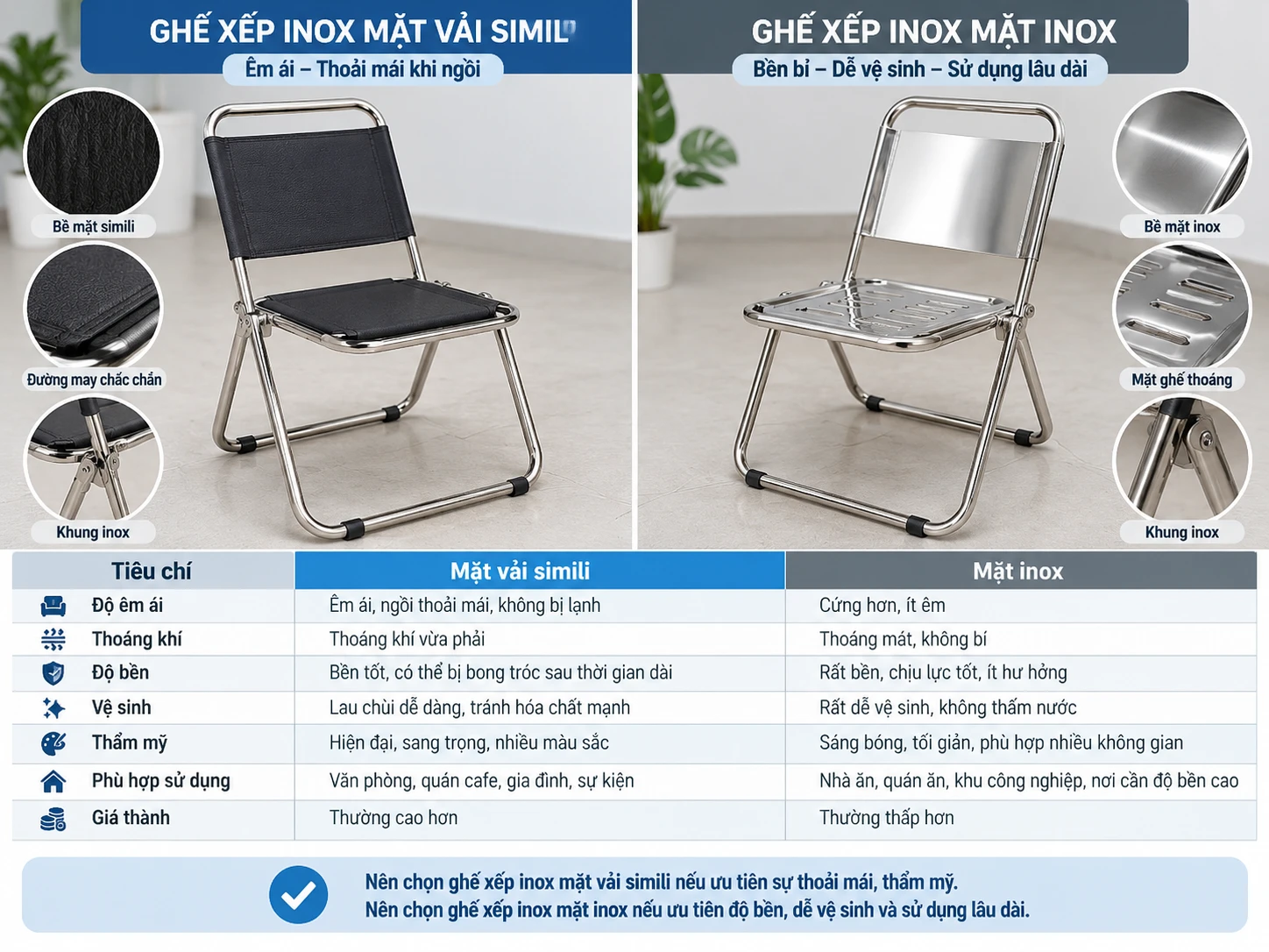 So sánh ghế xếp inox mặt vải simili và mặt inox