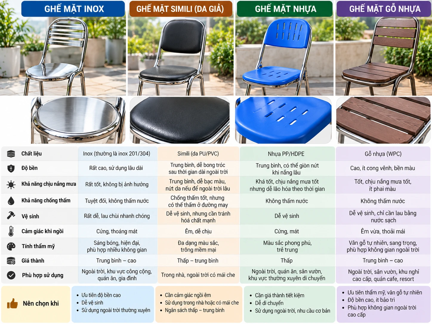 Chọn vật liệu mặt ghế theo môi trường ngoài trời So sánh mặt inox simili nhựa và gỗ nhựa cho ghế ngoài trời