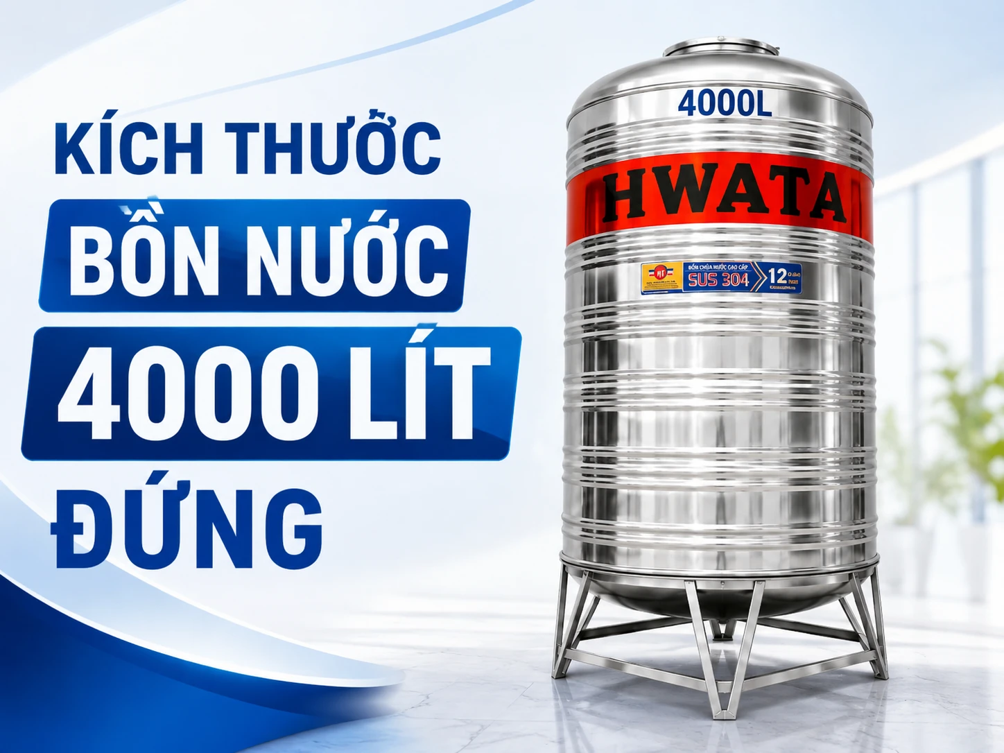 Kích thước bồn nước 4000 lít đứng HWATA H4000D đường kính 1360 mm cao 3040 mm