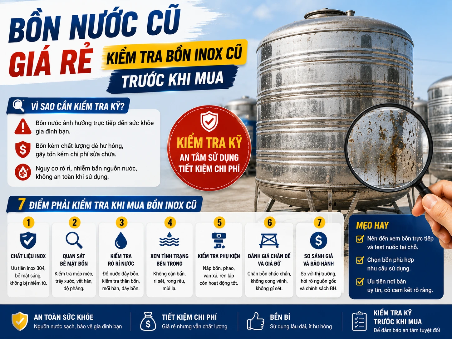 Bồn nước inox cũ giá rẻ cần kiểm tra trước khi mua