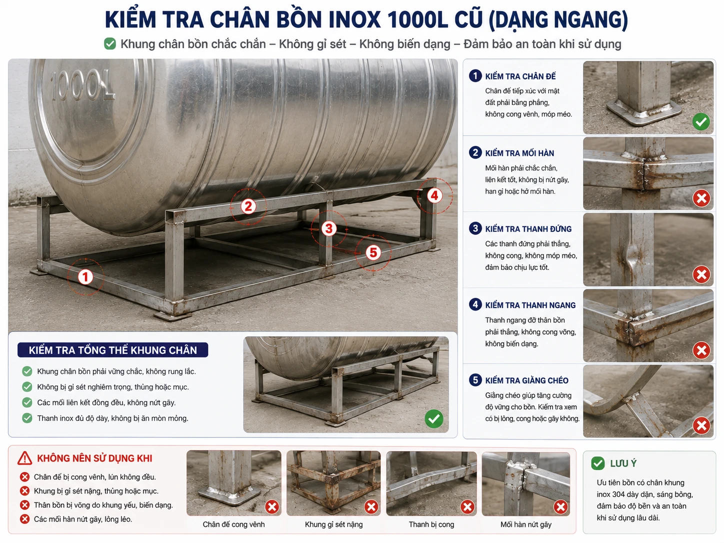 Kiểm tra chân bồn inox 1000L ngang cũ Kiểm tra chân bồn inox 1000L cũ dạng ngang