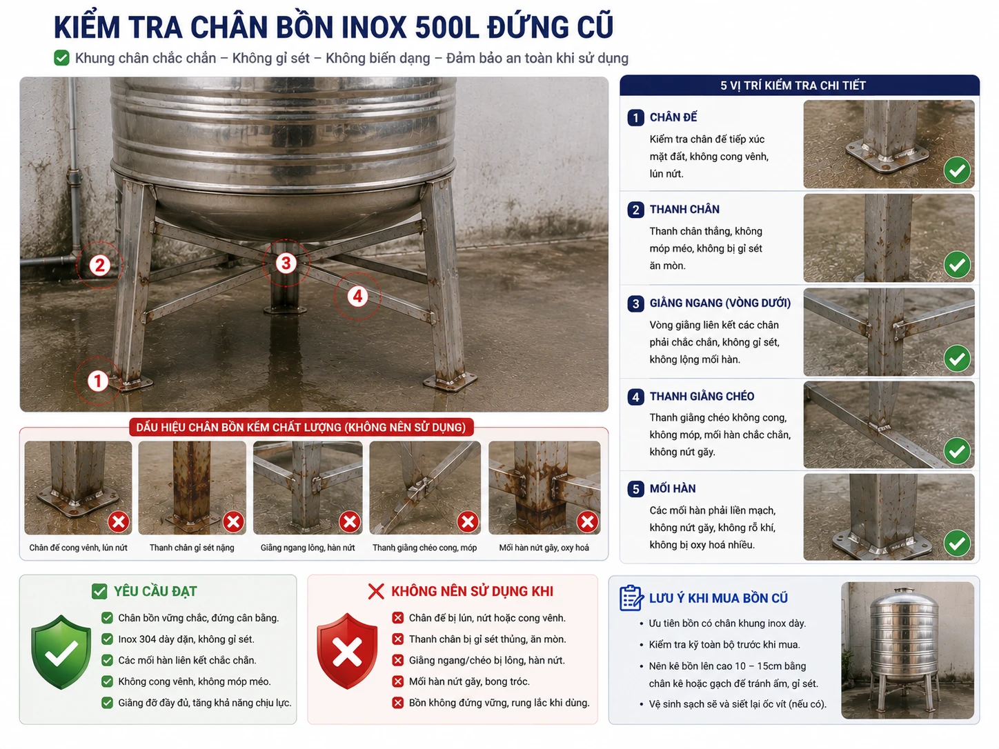 Chân bồn inox 500L đứng đã qua sử dụng Kiểm tra chân bồn inox 500L đứng cũ