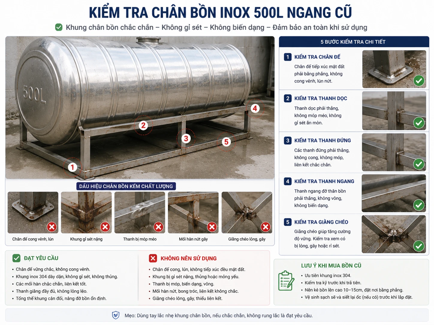 Chân bồn inox 500L ngang đã qua sử dụng Kiểm tra chân bồn inox 500L ngang cũ