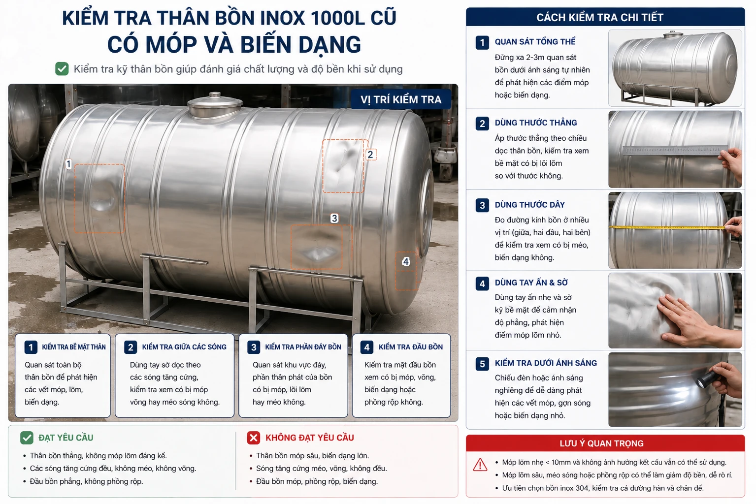 Kiểm tra bề mặt bồn inox 1000L cũ Kiểm tra thân bồn inox 1000L cũ có móp và biến dạng