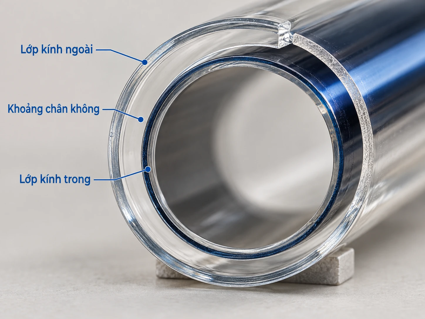Hai lớp kính và khoảng chân không của ống thu nhiệt