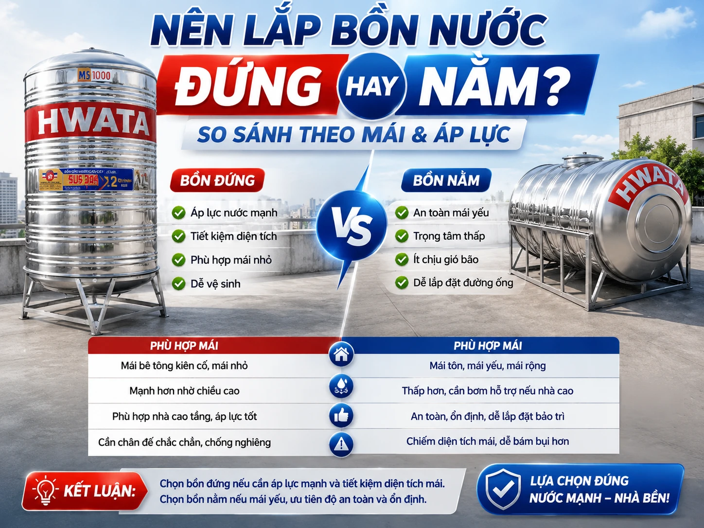 Nên lắp bồn nước đứng hay nằm - so sánh bồn inox đứng và ngang