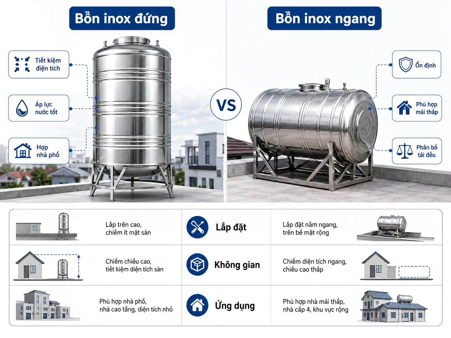 So sánh bồn nước inox đứng và ngang