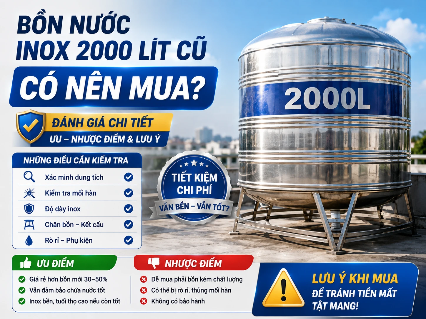 Bồn nước inox 2000 lít cũ cần kiểm tra trước khi mua