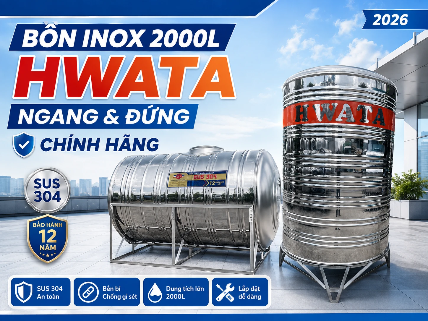 Bồn nước inox 2000L Hwata ngang và đứng