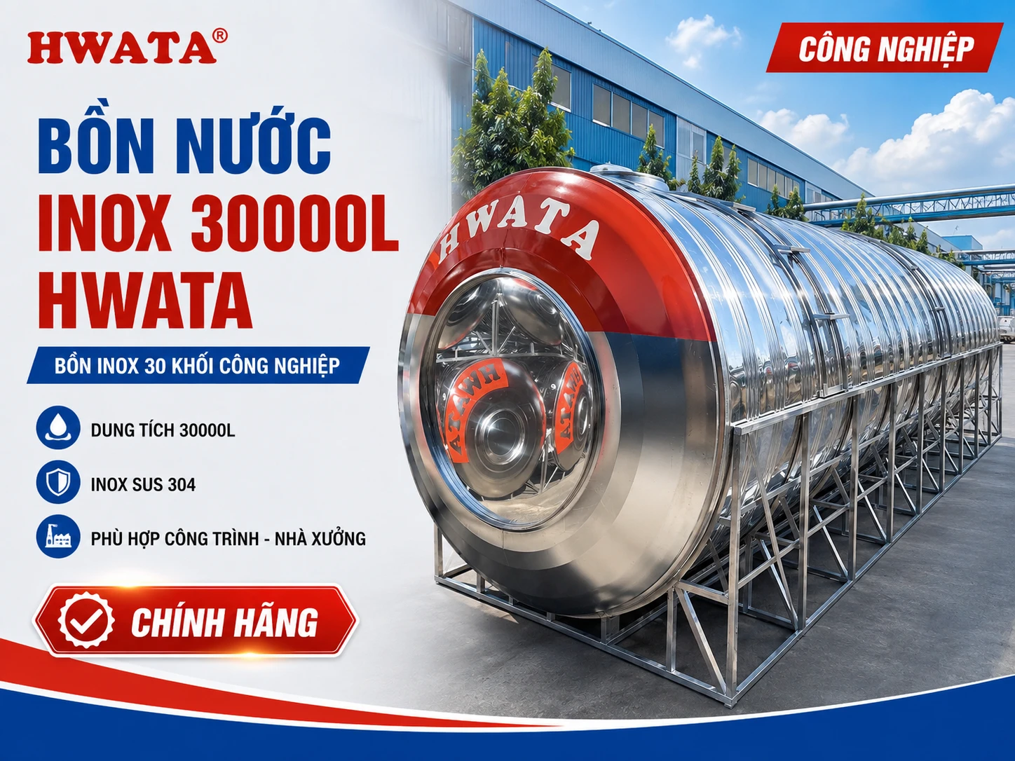Bồn nước inox Hwata 30000L ngang H30.000N