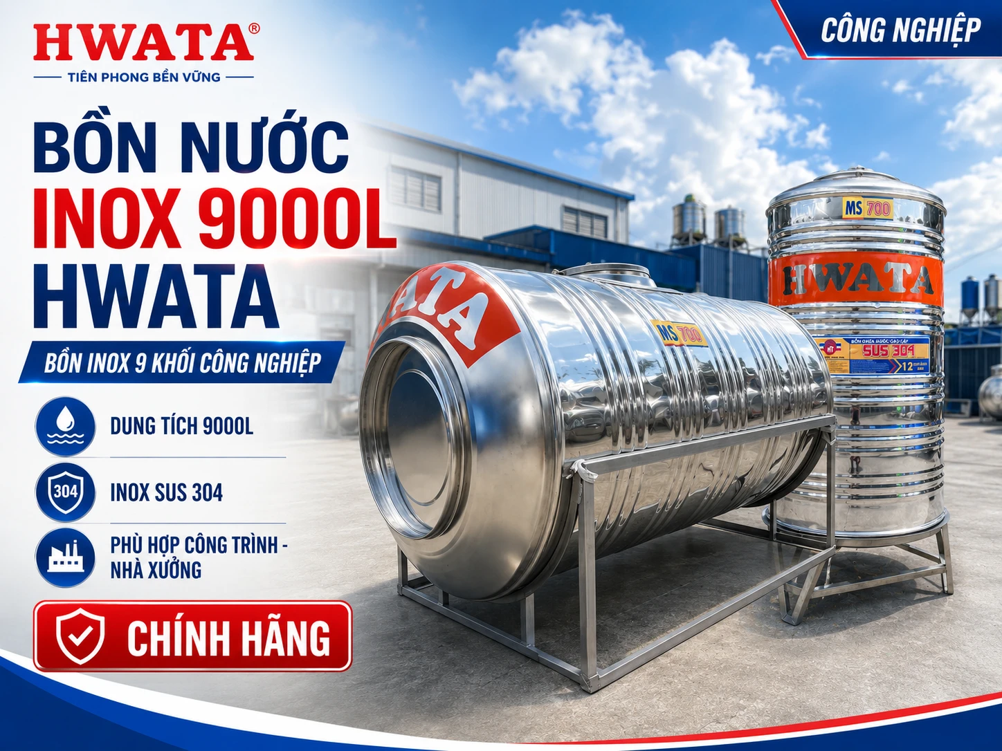 Bồn nước inox 9000L Hwata ngang và đứng