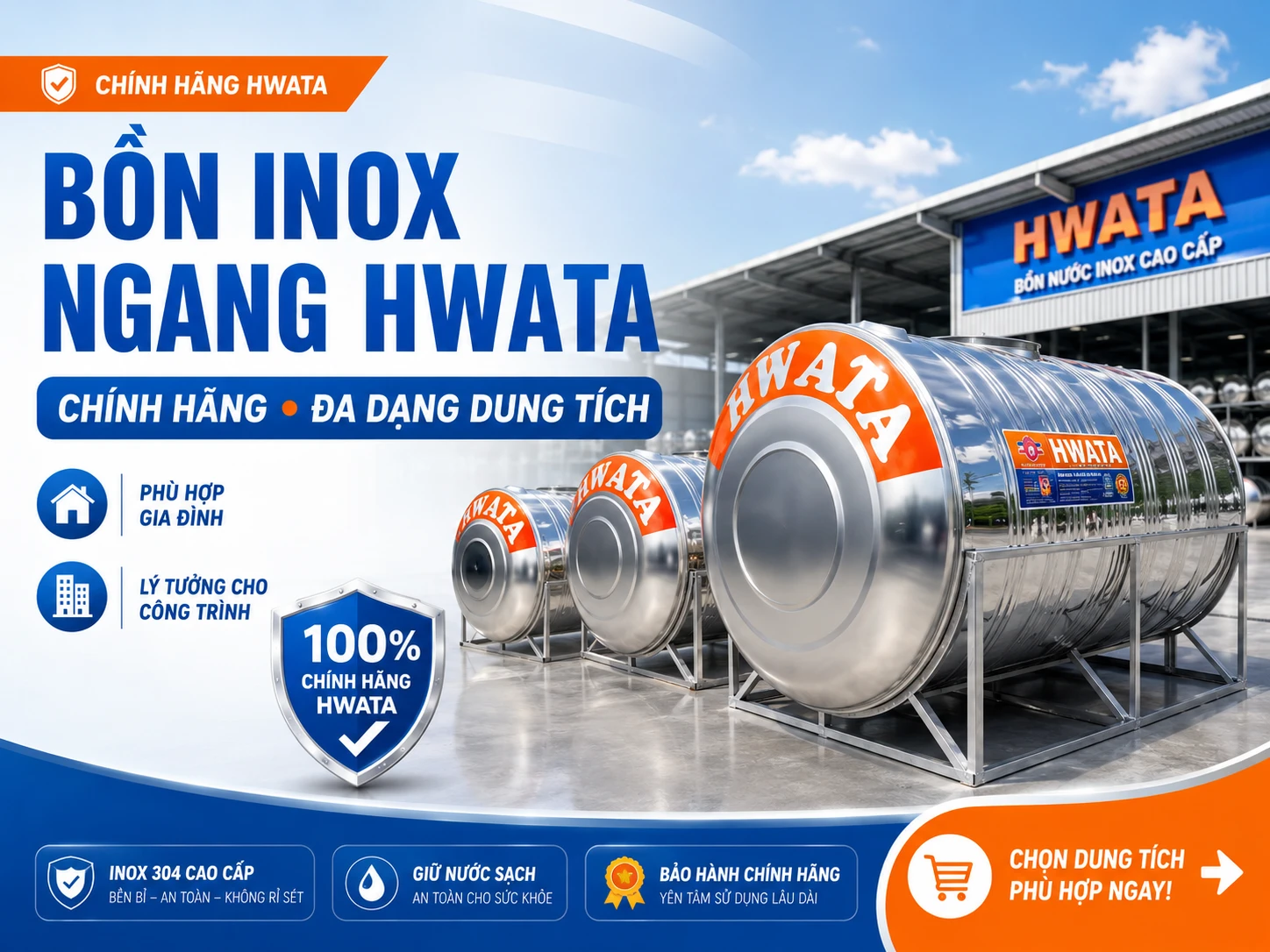 Bồn nước inox ngang Hwata cho gia đình và công trình