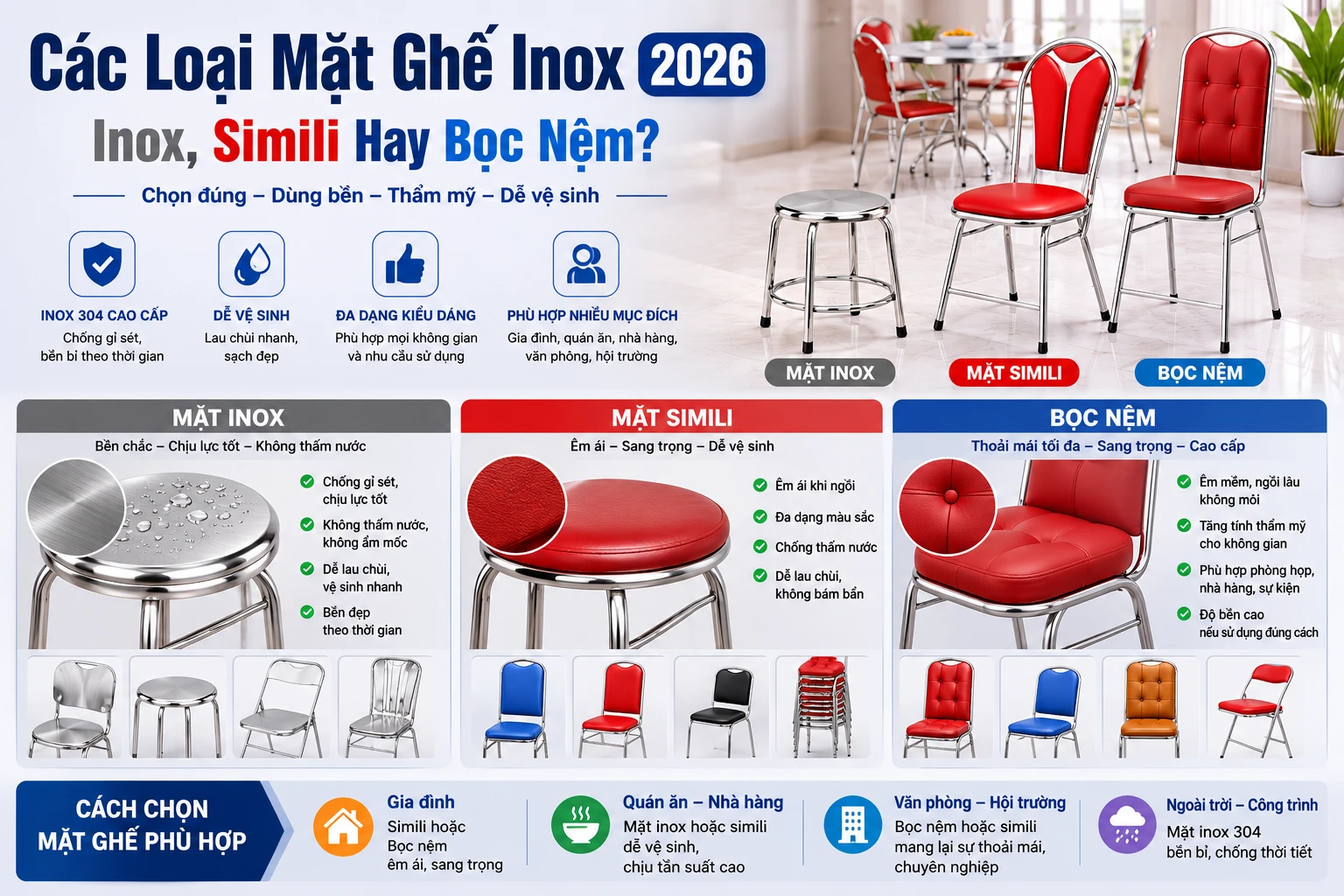 Các loại mặt ghế inox gồm mặt inox simili và bọc nệm