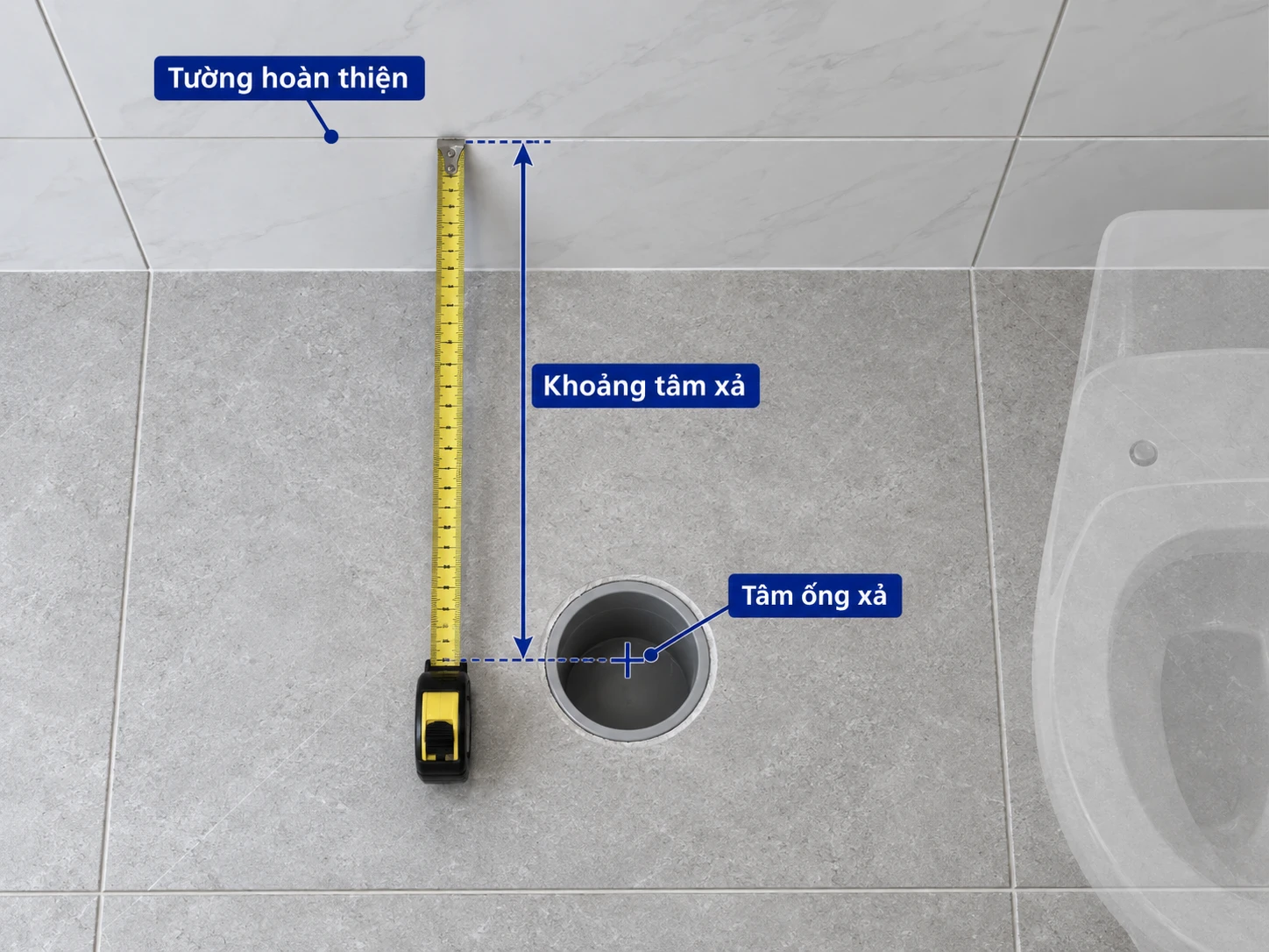 cách đo tâm xả bồn cầu HWATA từ tường hoàn thiện
