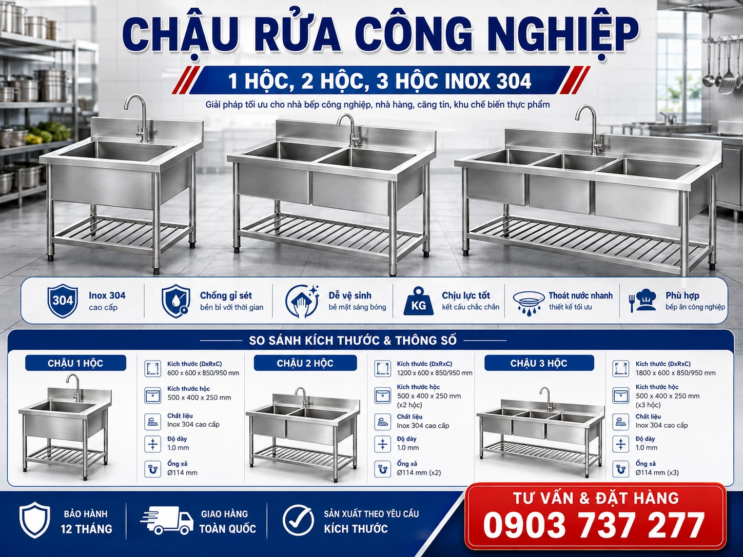 Chậu rửa công nghiệp 1 hộc 2 hộc 3 hộc inox 304