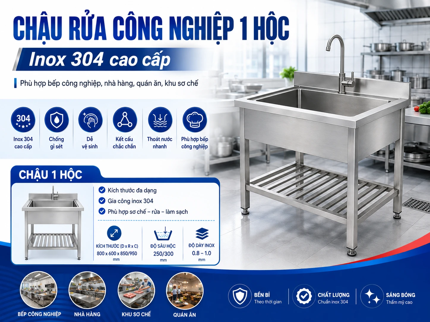 Chậu rửa công nghiệp 1 hộc inox 304 CCN01