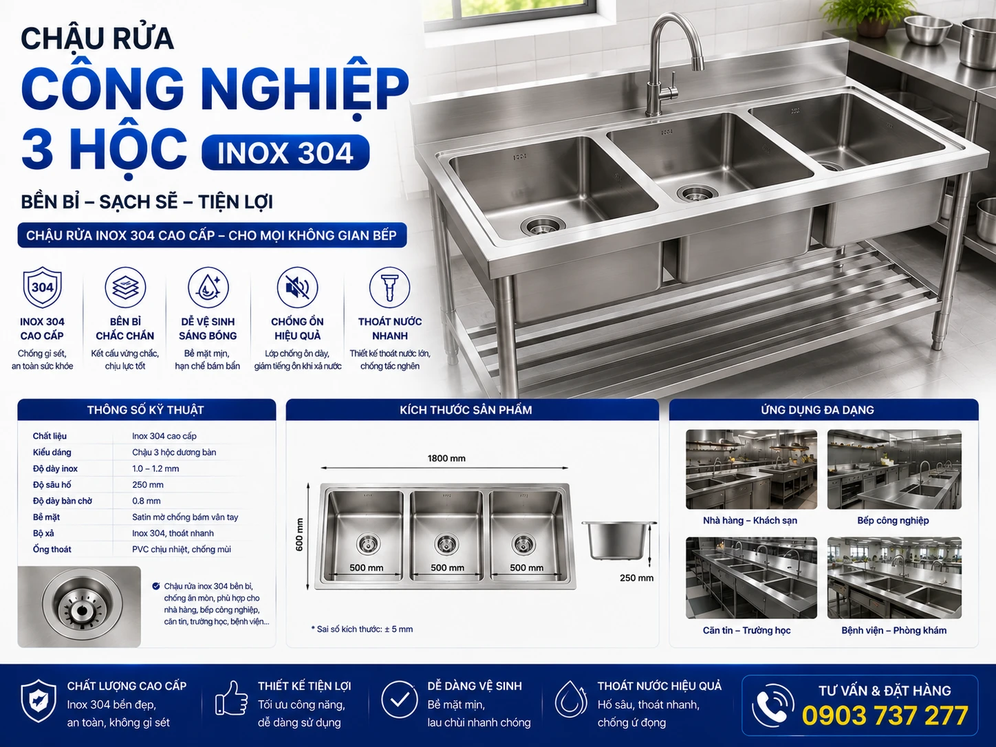 Chậu rửa công nghiệp 3 hộc inox 304 CCN03