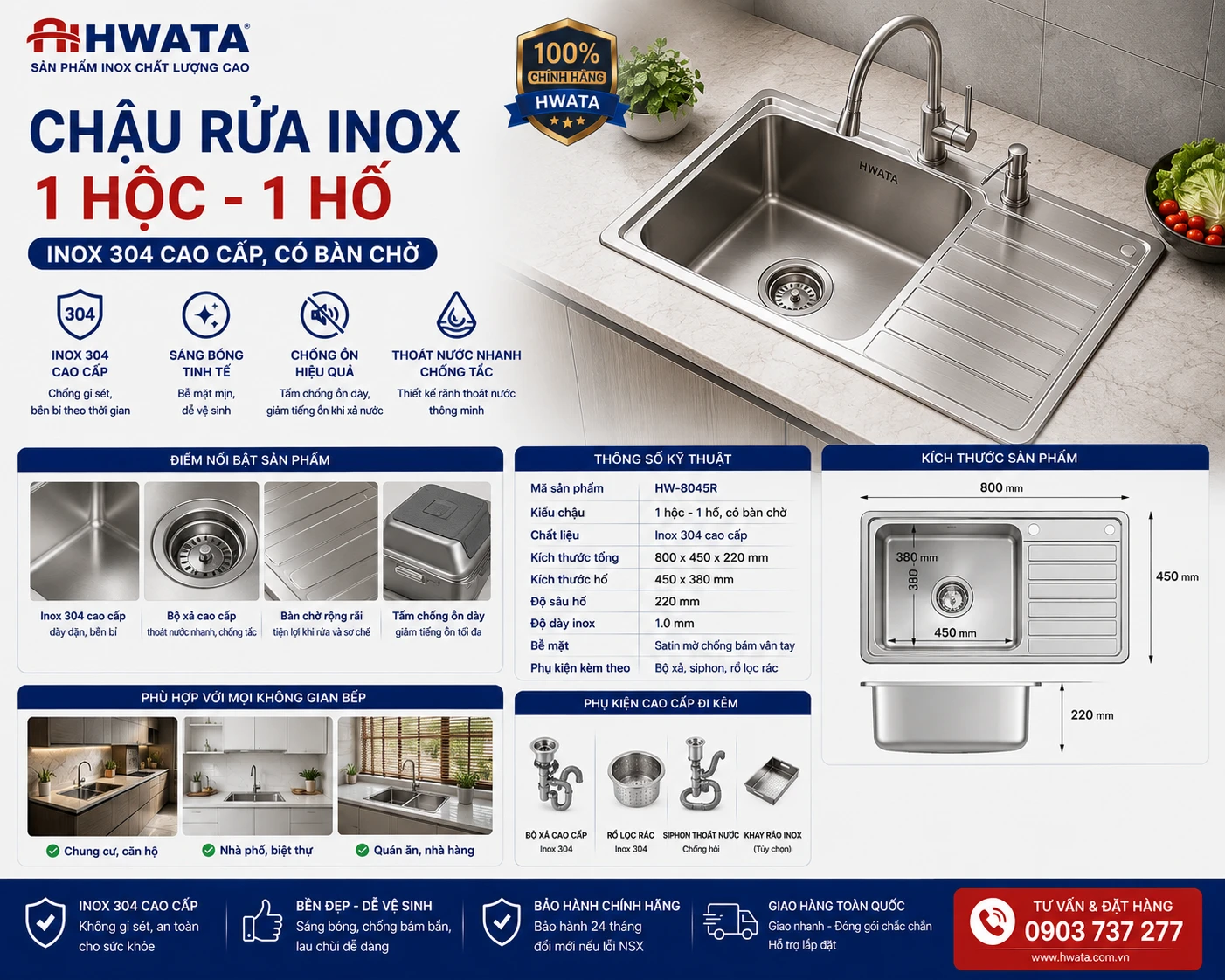 Chậu rửa inox 1 hộc 1 hố inox 304