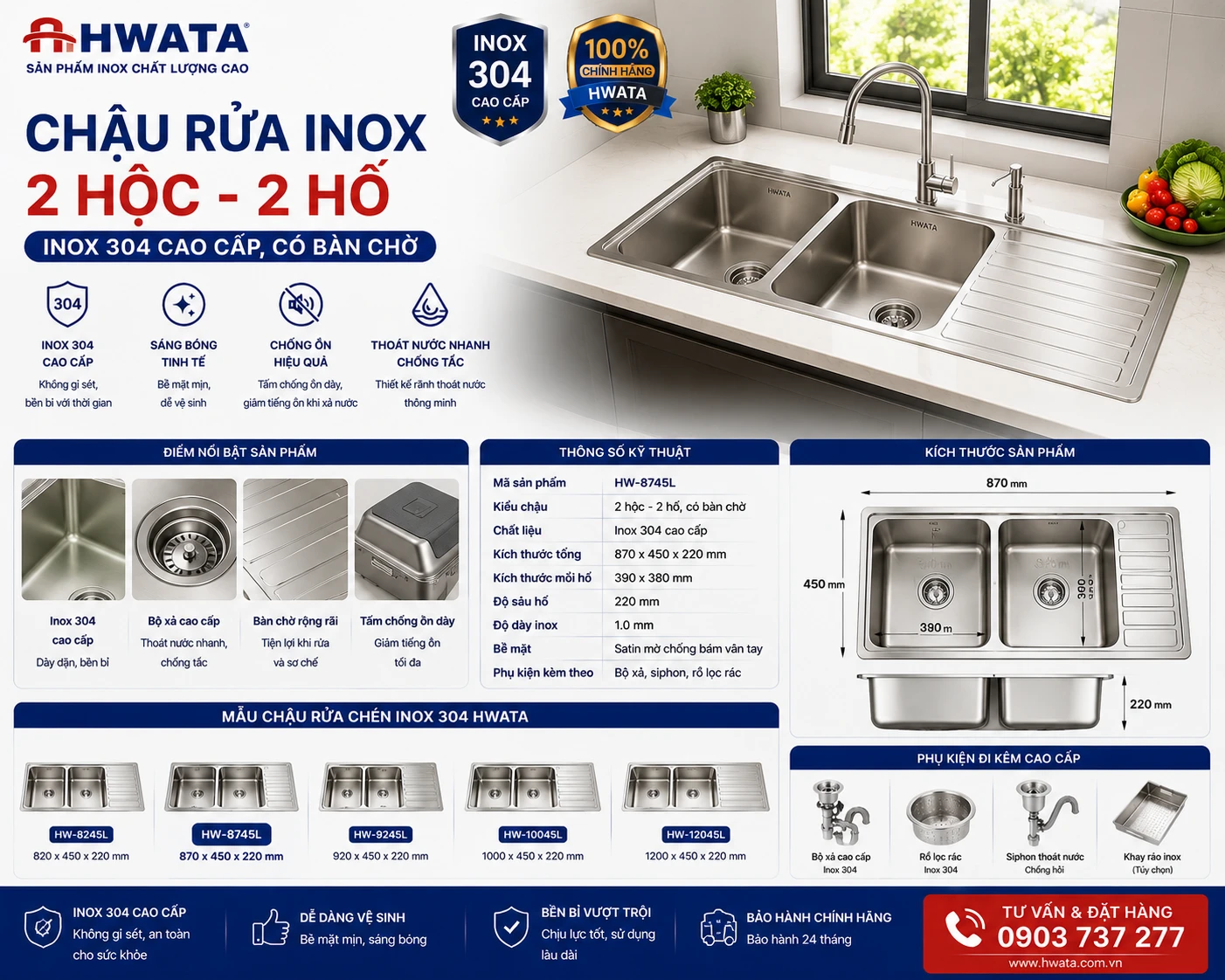 Chậu rửa inox 2 hộc 2 hố inox 304