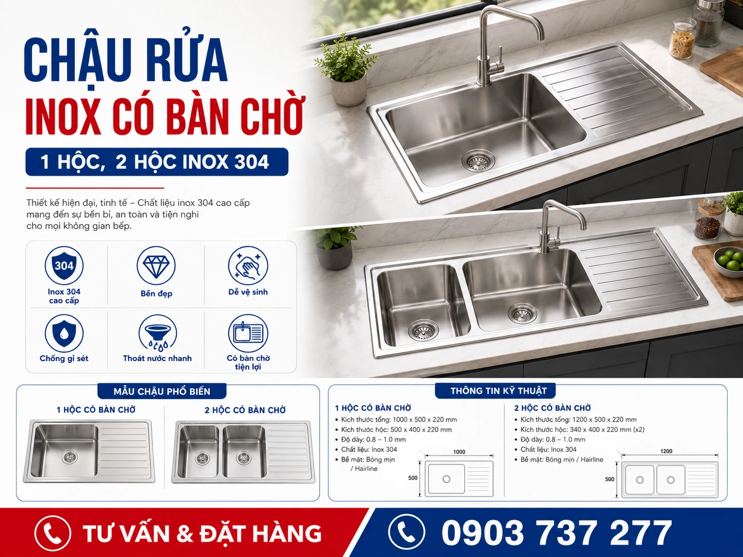 Chậu rửa inox có bàn chờ 1 hộc 2 hộc inox 304