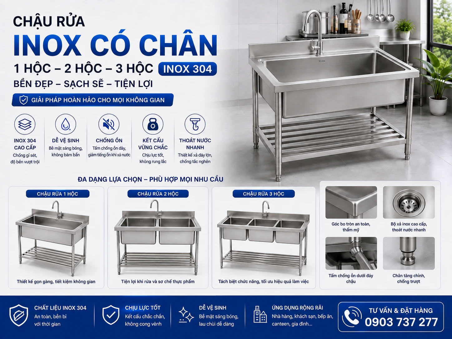 Chậu rửa inox có chân 1 hộc 2 hộc 3 hộc inox 304