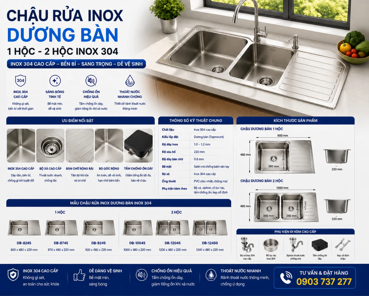 Chậu rửa inox dương bàn inox 304 cho bếp gia đình