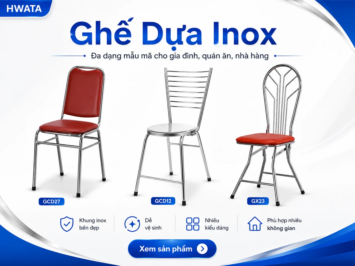 Ghế dựa inox xếp và cố định có tựa lưng