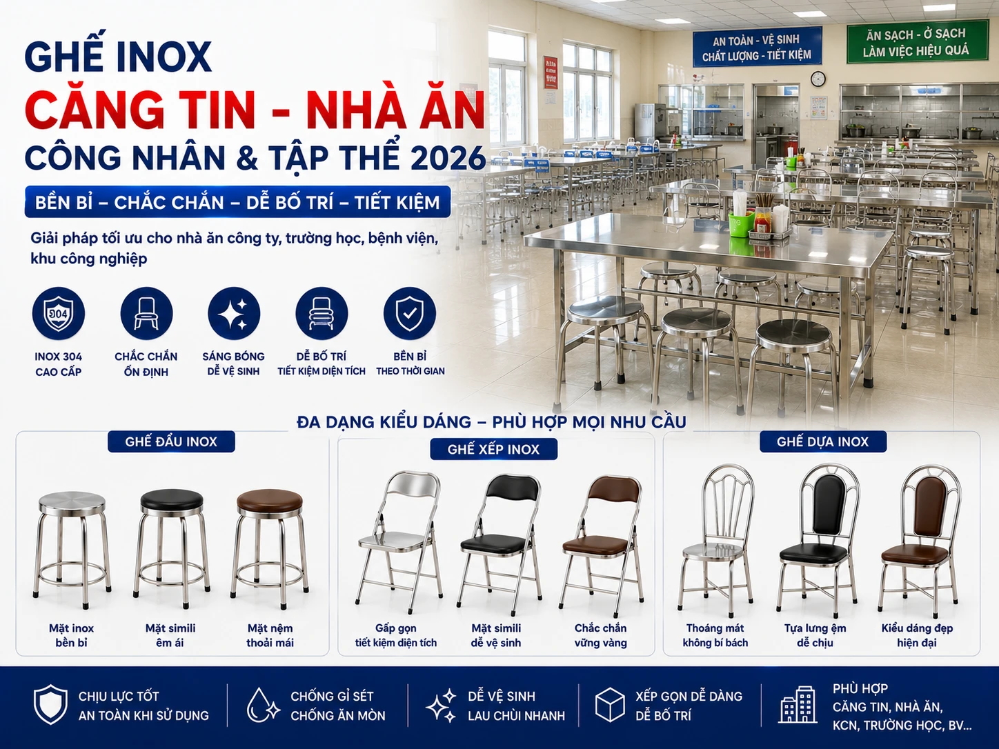 Ghế inox căng tin mẫu đẩu, xếp và có tựa