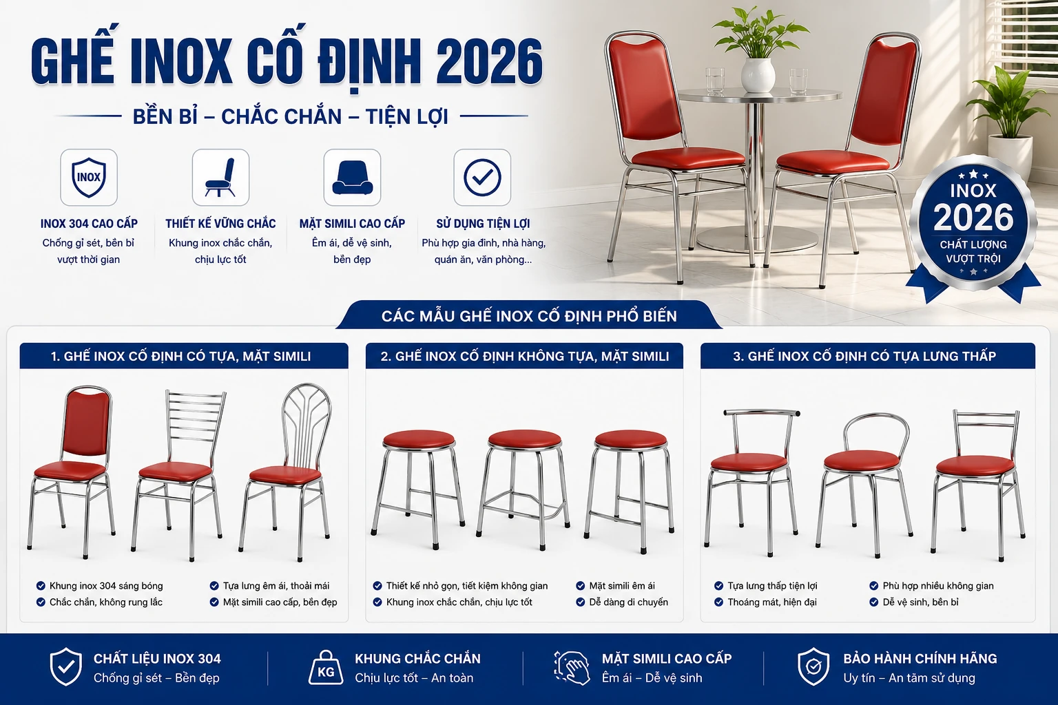 Các mẫu ghế inox cố định Ghế inox cố định có tựa và không tựa