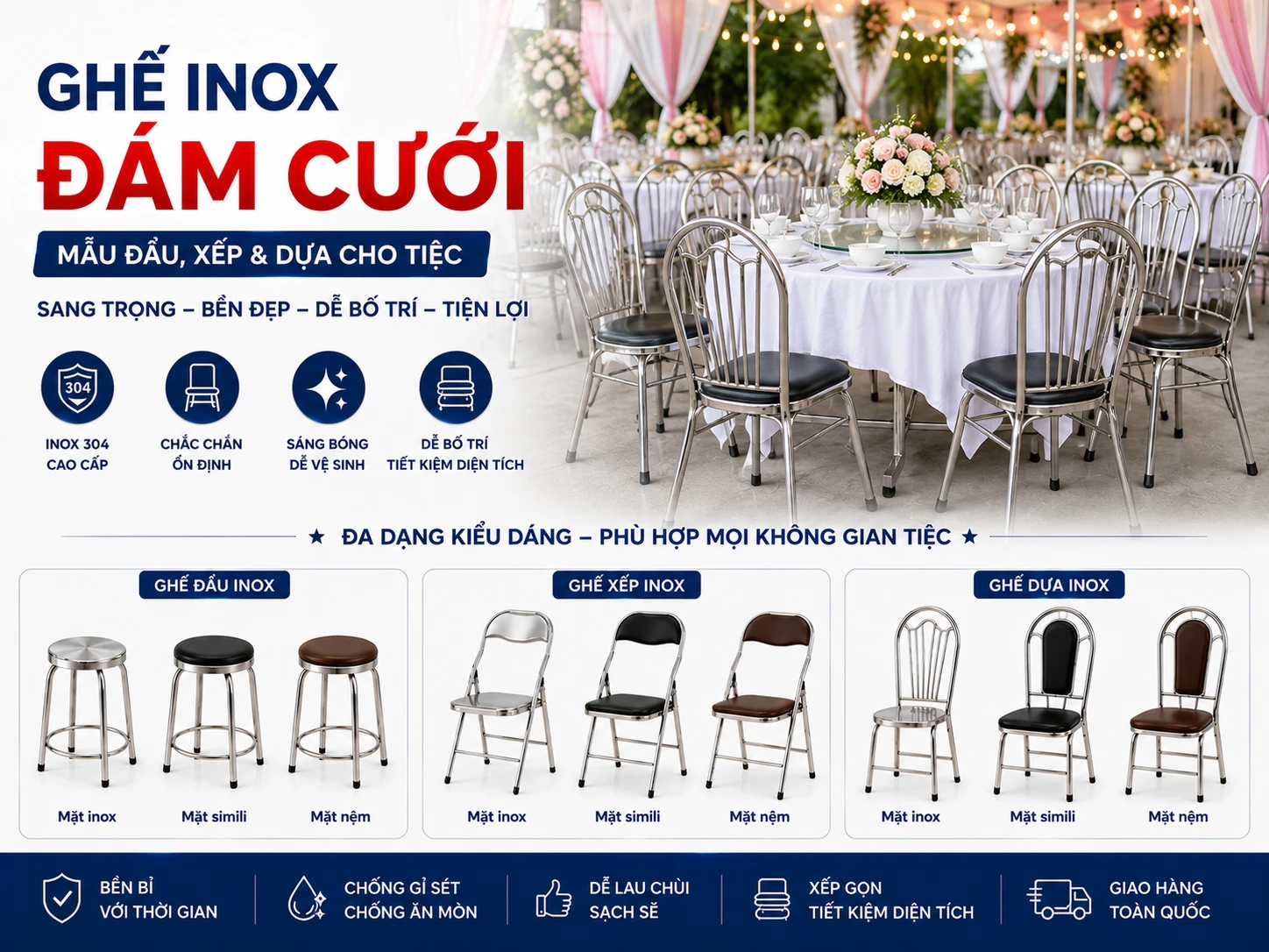 Ghế inox đám cưới mẫu đẩu, xếp và có tựa