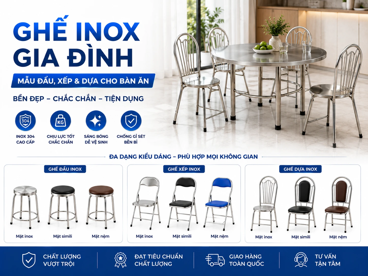 Ghế inox gia đình mẫu đẩu, xếp và có tựa
