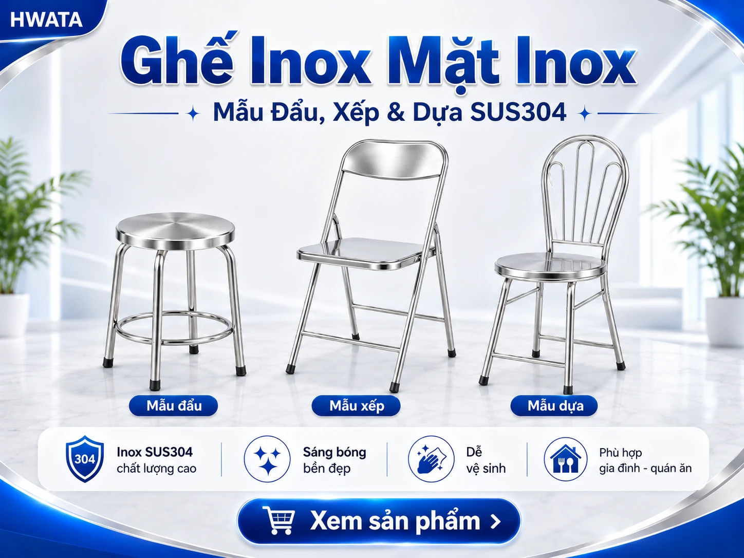 Các mẫu ghế inox mặt inox SUS304 Ghế inox mặt inox gồm ghế đẩu, ghế xếp và ghế dựa