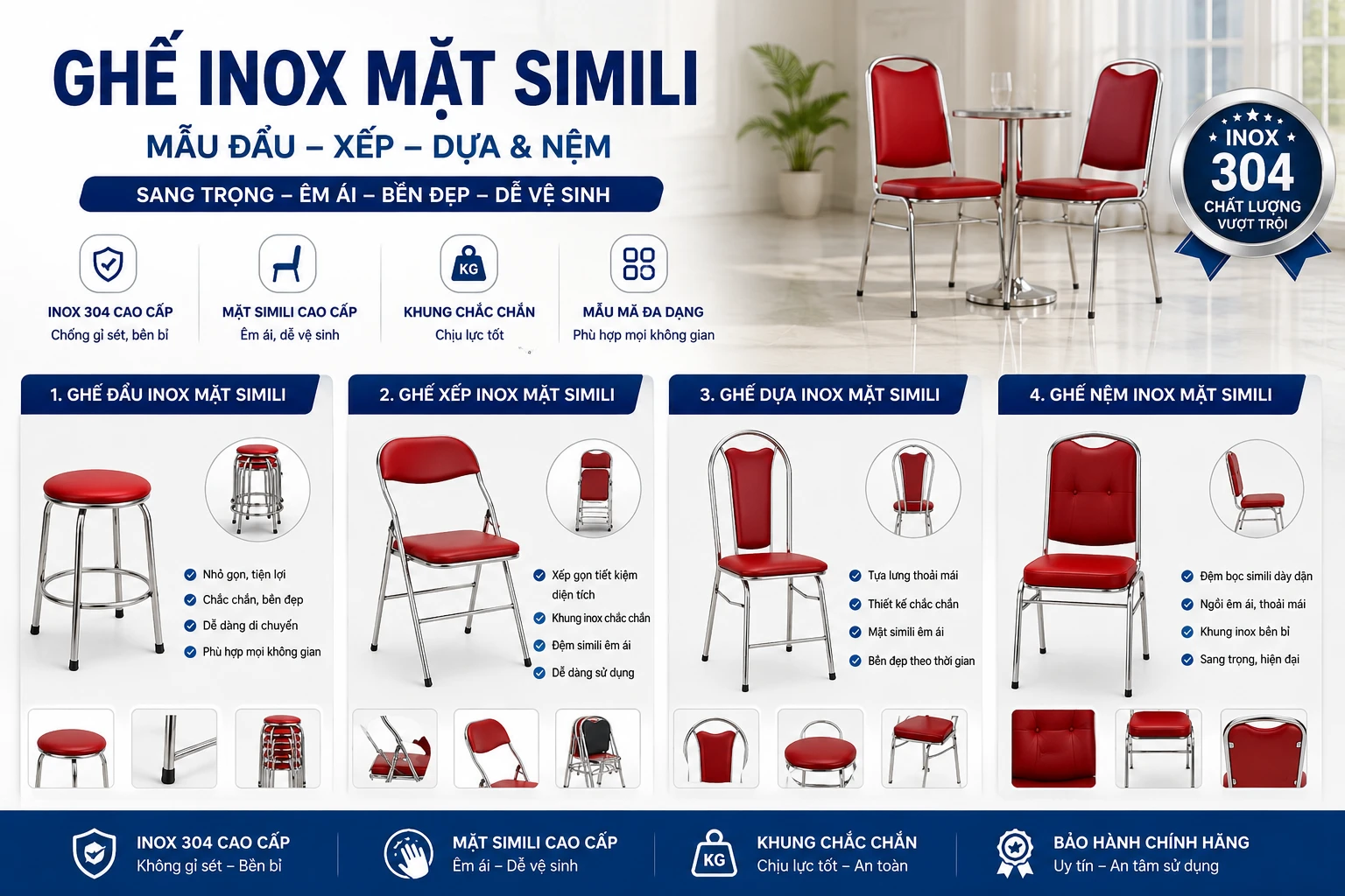 Ghế inox mặt simili dạng đẩu, xếp và cố định
